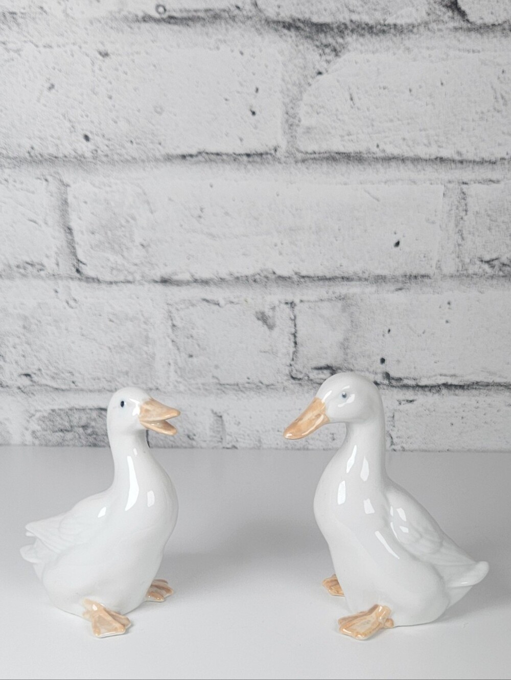 Vintage White Ceramic Duck Goose Figurines Pair Farmhouse Cottage Decor